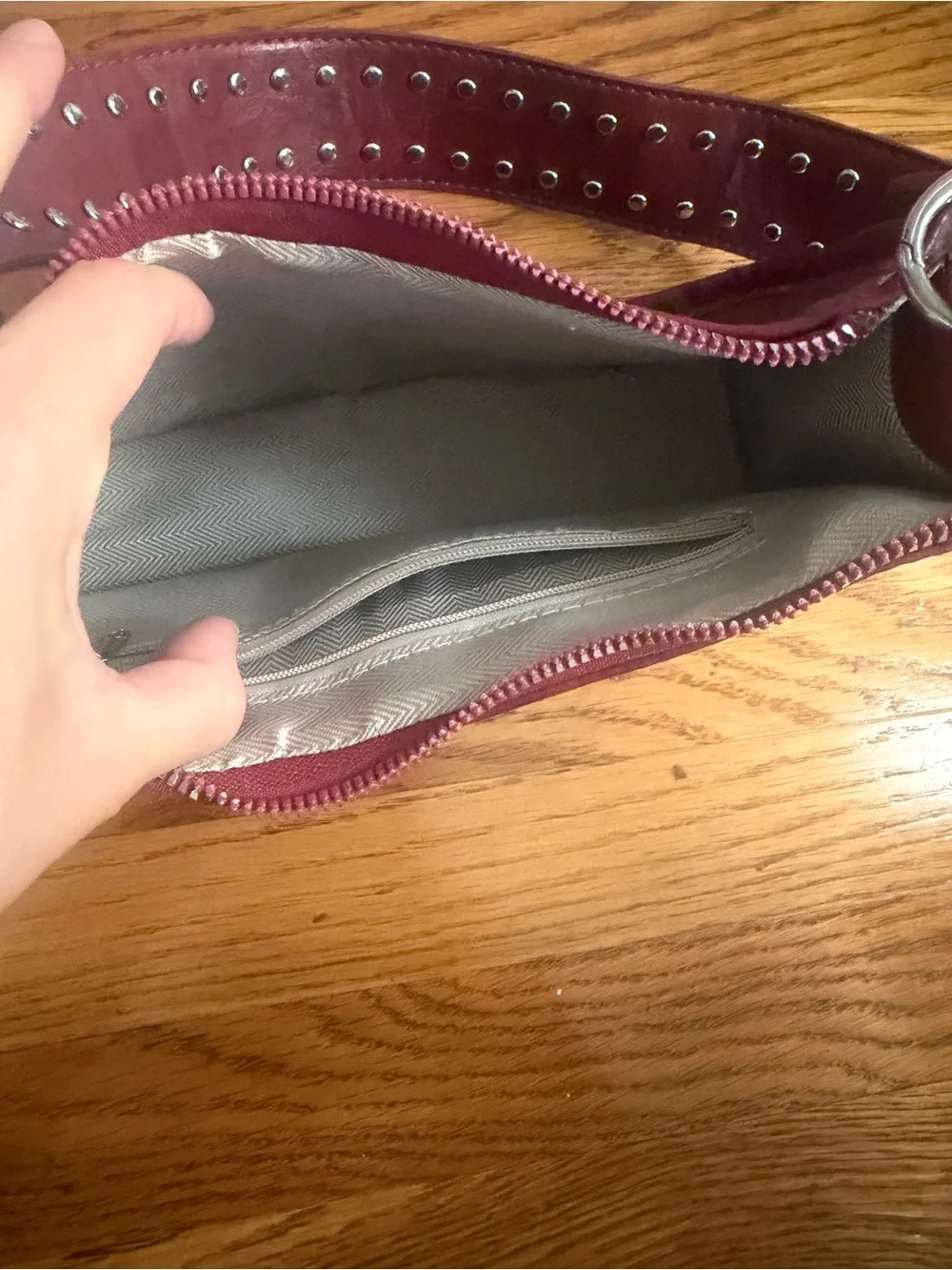 Studded Strap Burgundy Leather Shoulder Bag